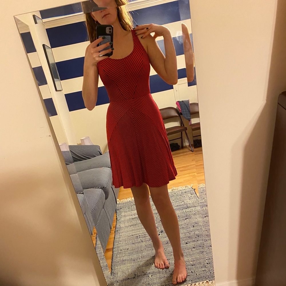 Red and Navy Stripe Dress, Small, Flattering Lines
